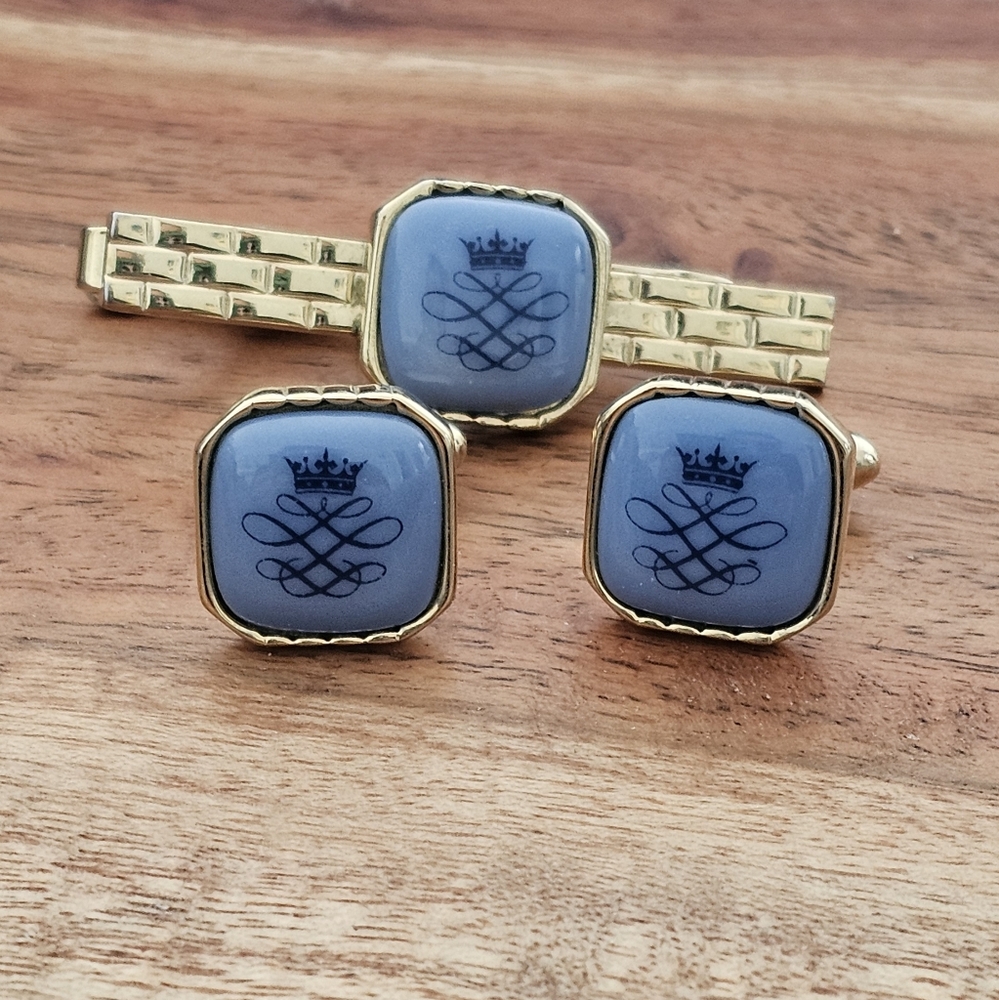 Vintage Royal Danish Copenhagen Gold Plate & Porcelain Cufflinks & Tie Clip